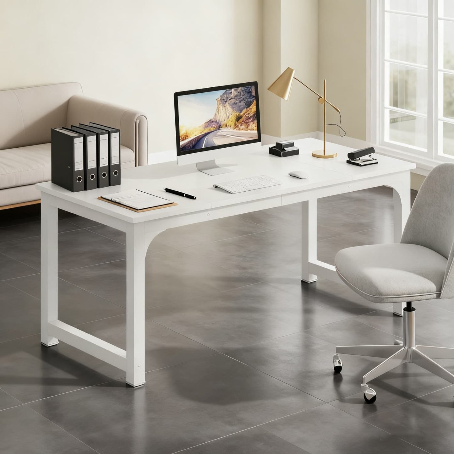 Bureau – Computertafel – Werkplek – Schrijftafel – Laptoptafel – Wit – Groot 160x80 cm – Met Lade en Kabelgoot – Stevig Houtfineer en Metalen Onderstel