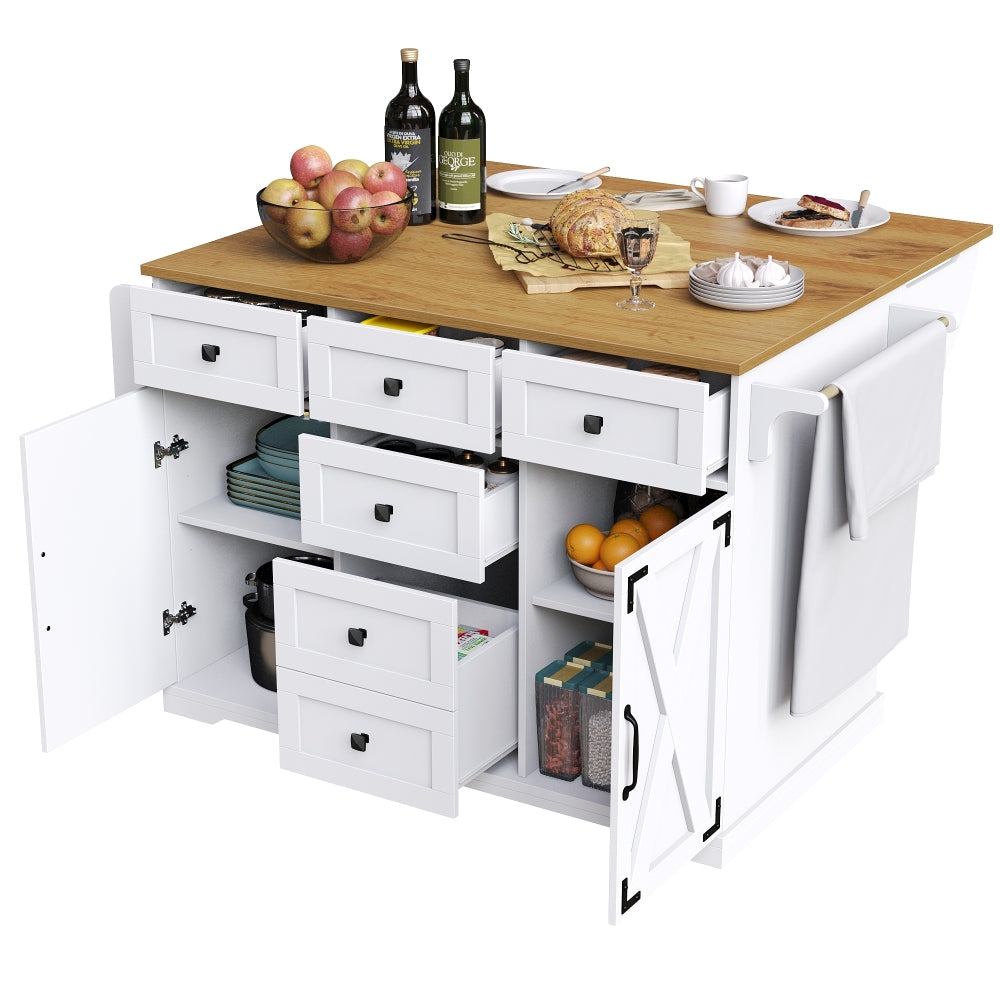 Modern Wit Keukeneiland – Mobiele Serveertafel – Keuken Trolley – Werkblad Met Opbergruimte – Opbergkast Met Laden – Verstelbare Planken – Ruim Werkblad – Mobiel En Compact
