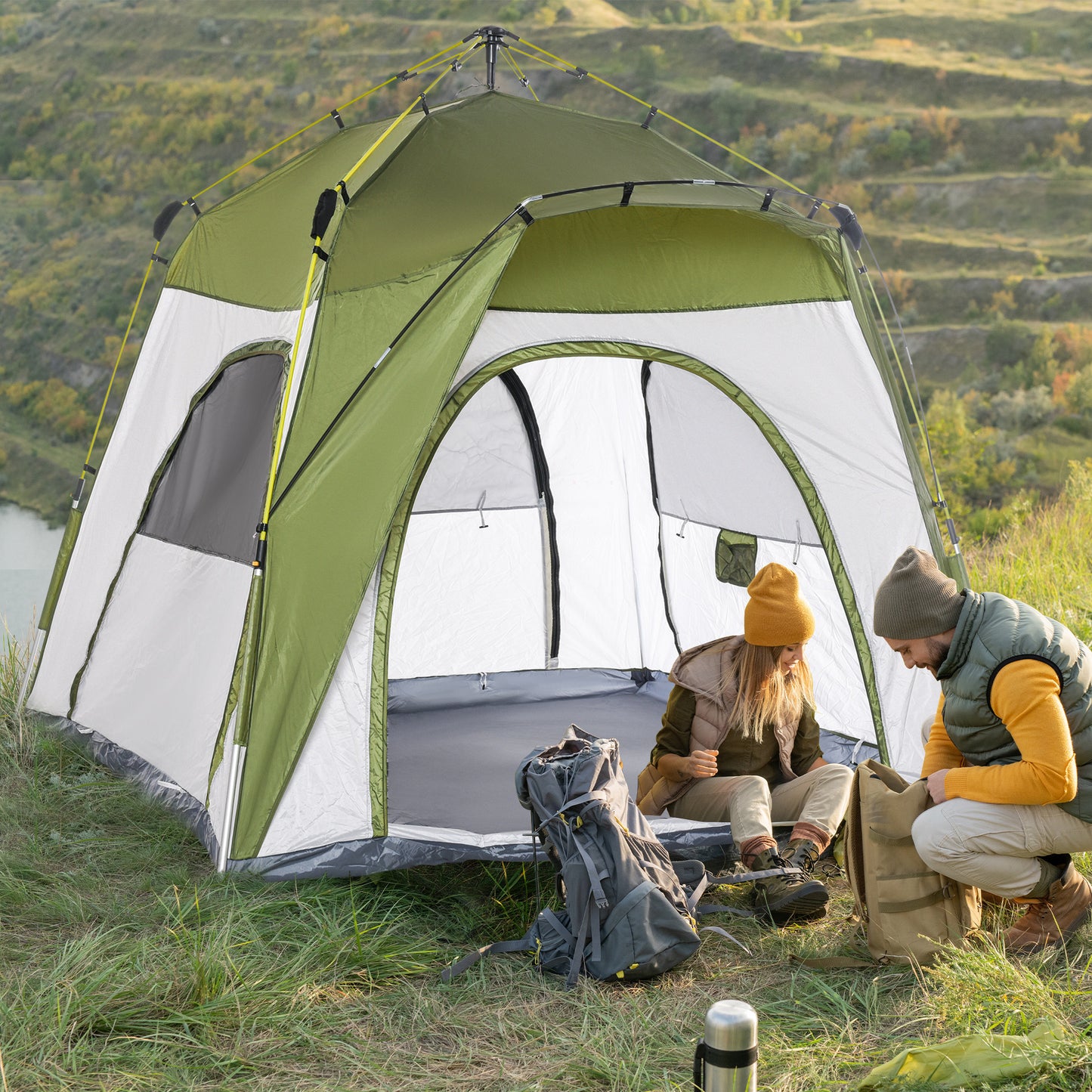 Pop-Up Tent – Kampeertent – Automatische Tent – Snel Opzetten Tent – Outdoor Tent – Waterbestendig – Hydraulisch Mechanisme – 240x240x199 cm – Groen-Grijs