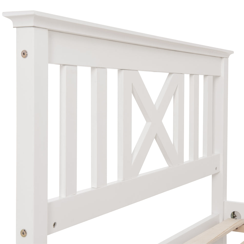 Bedkast – Bedframe – Nachtkastje – Opbergkast – Slaapkamermeubel – Stevig Dennehouten Bed – Ingebouwde Lades – X-Vorm Hoofdbord – Inclusief Matras – 140x200 cm