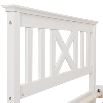 Bedkast – Bedframe – Nachtkastje – Opbergkast – Slaapkamermeubel – Stevig Dennehouten Bed – Ingebouwde Lades – X-Vorm Hoofdbord – Inclusief Matras – 140x200 cm
