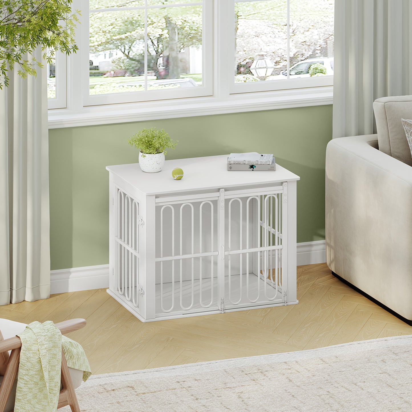 Wooden Dog Cage Furniture, 81cm Household Pet Crate, Double-Door Design with Sliding Door for Small to Medium Breeds, Includes Sturdy Side Table (55 × 81.4× 62.4) cm - Brown/White, Pet Crate Furniture, Furniture Dog Crate, - QUORE