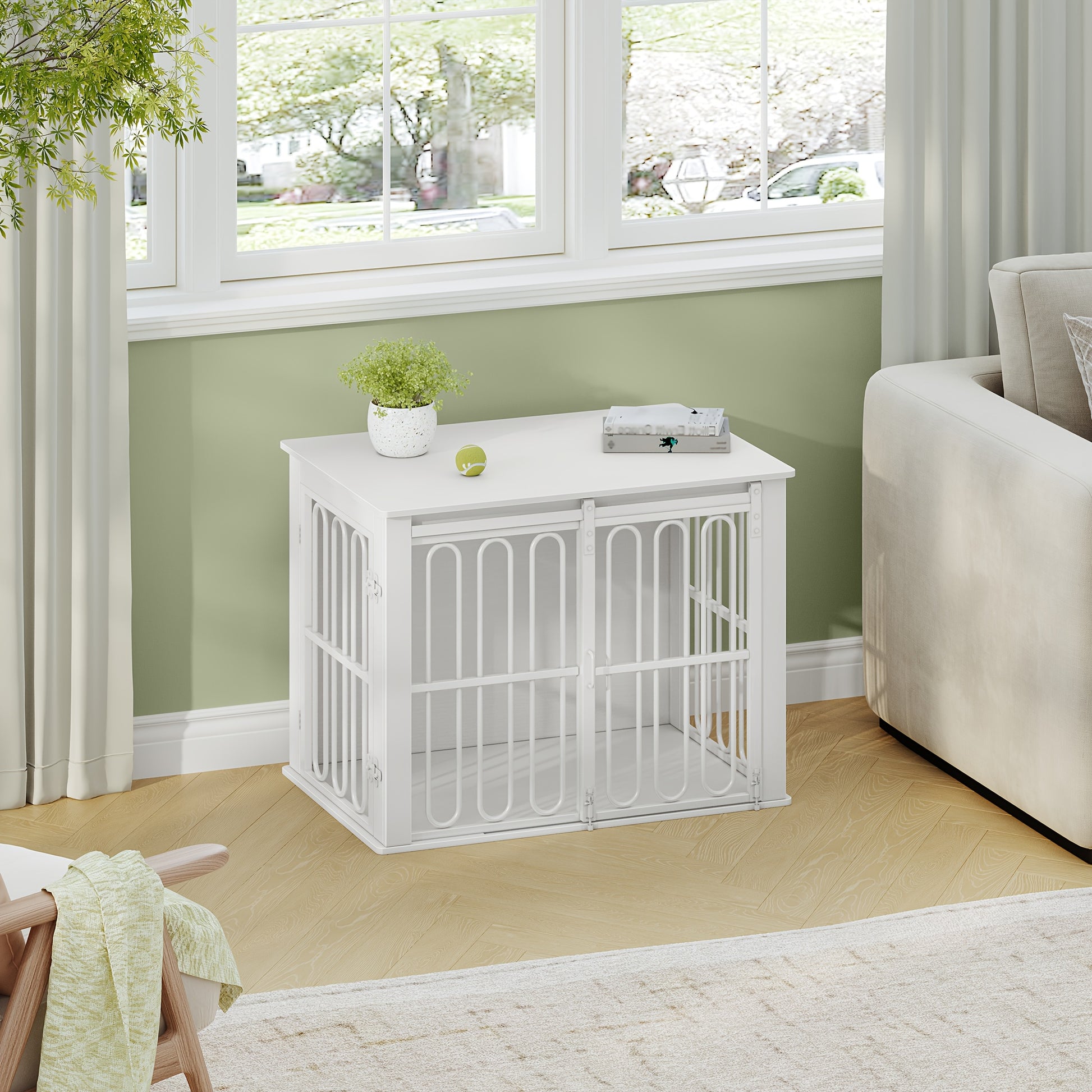 Wooden Dog Cage Furniture, 81cm Household Pet Crate, Double-Door Design with Sliding Door for Small to Medium Breeds, Includes Sturdy Side Table (55 × 81.4× 62.4) cm - Brown/White, Pet Crate Furniture, Furniture Dog Crate, - QUORE