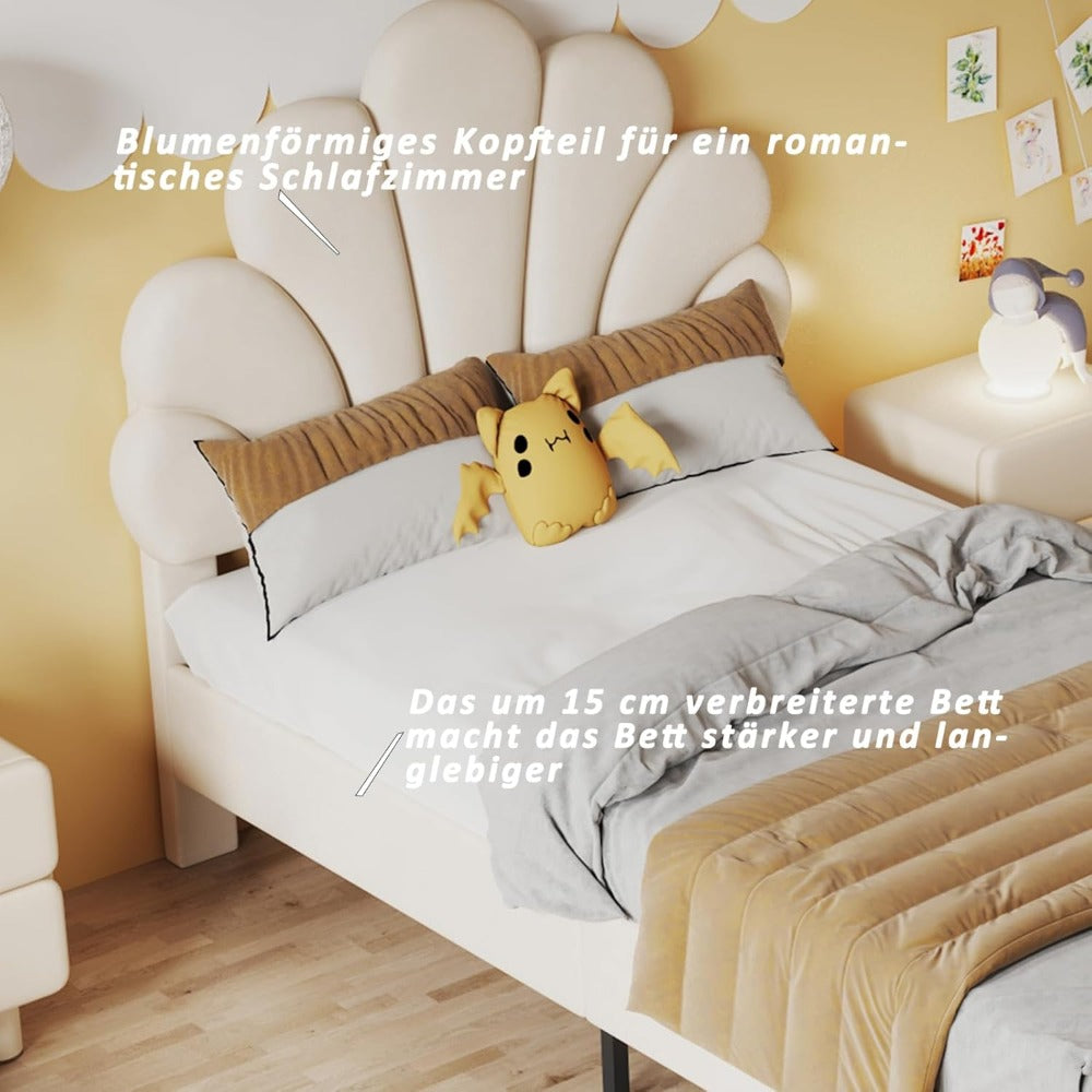 Eenpersoonsbed – Tienerbed – Slaapbank – Bedframe – Beddensysteem – Fluwelen Bloemen Hoofdbord – 90x200 cm – Stevig Houten Frame – Comfortabel Warm – Beige/Pink