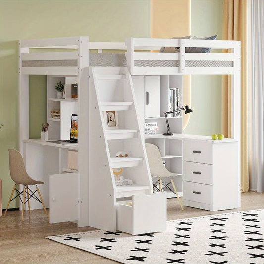 Hoogslaper – Stapelbed – Bedbank – Kinderbed – Eenpersoonsbed – Met Bureau en Opbergruimte – Stevig Wit Frame – 200 cm Hoog