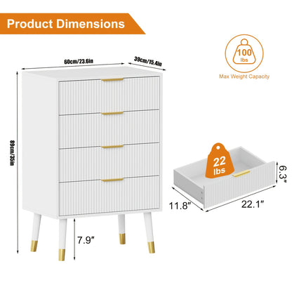 Commode – Ladekast – Dressoir – Kast – Nachtkastje – Wit – Gouden Accenten – 4 Lades – Compact & Ruimtebesparend