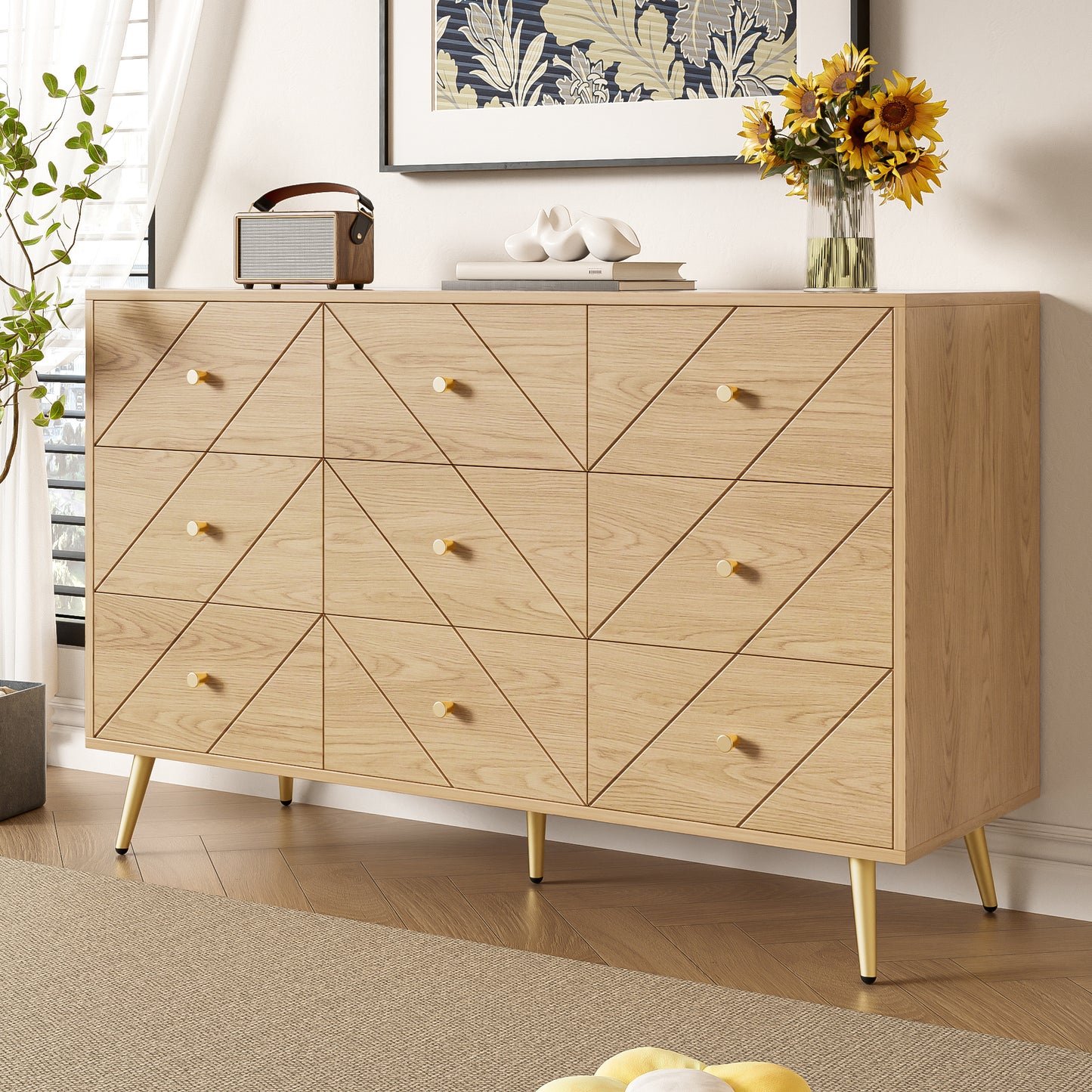 Commode – Ladekast – Dressoir – Opbergkast – Kast – Houtlook Nature – 9 Lades – Afm. 120x39x80 cm – Gouden Metalen Poten – Stevige PB Constructie