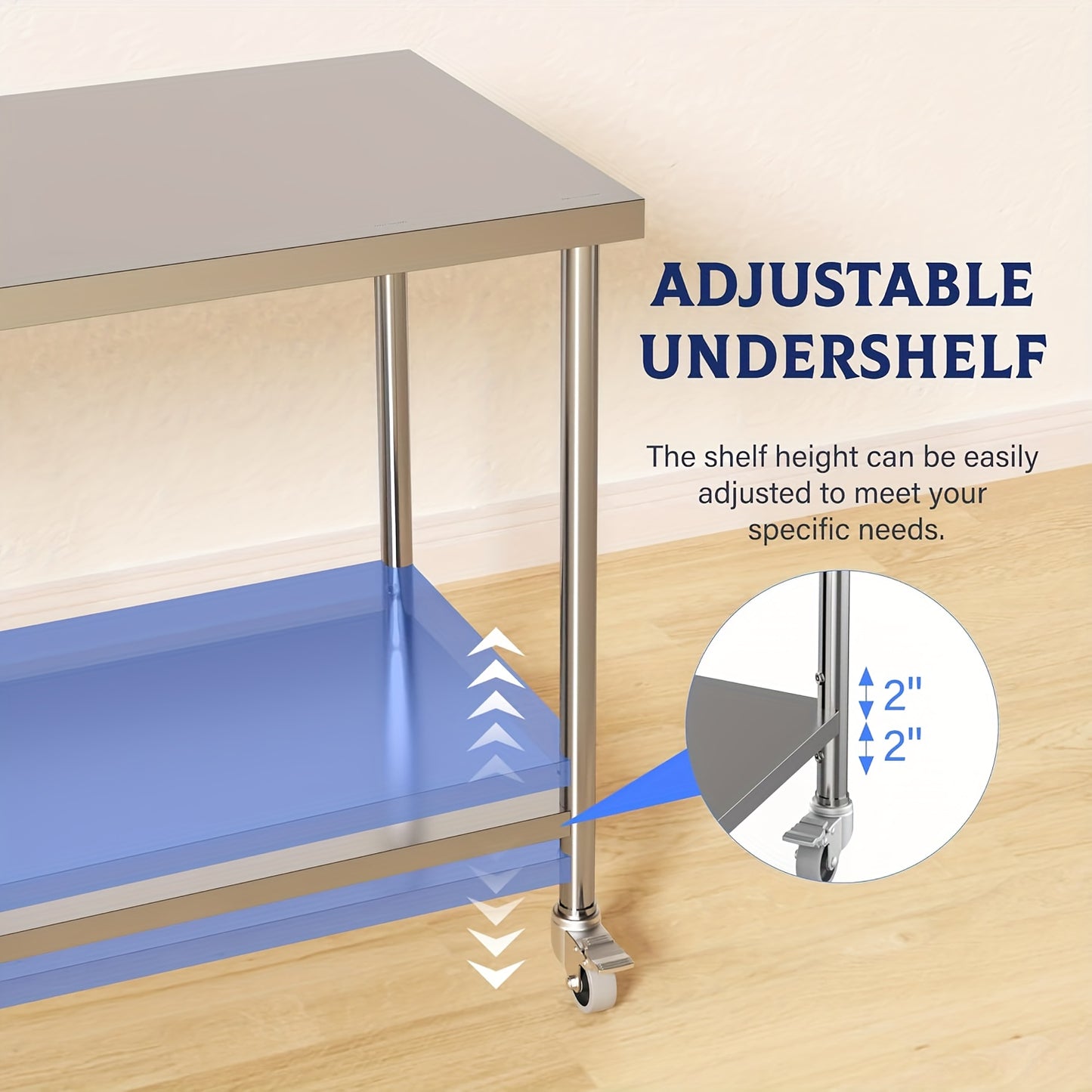 RVS Werkbank – Werktafel – Werkplek – Werkstation – Keukentafel – Verstelbare Poten – Zwenkwielen Met Rem – Draagvermogen 453,59 kg – Roestvrij Staal 152,4x60,96x88,9 cm