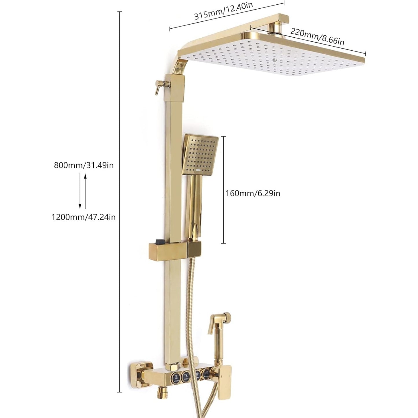 douchesysteem – regendouche – douchekraan – douchekop – douchekraan thermostatisch – 22,9x22,9 cm hoofddouche – massief messing & verstelbare handdouche