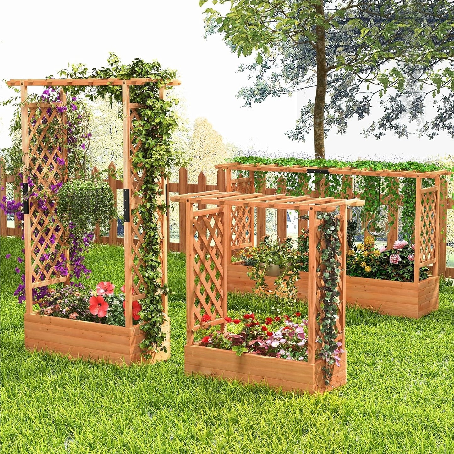 Houten Plantenbak – Verhoogde Bak – Klimrek – Bloembak – Plantenbak Met Dak – Groot Plantvak 200x44x114 cm – Weerbestendig Grenenhout