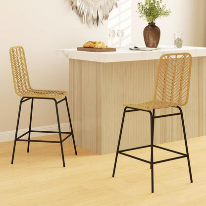 Boho Barstoelen – Barkrukken – Hoge Stoelen – Zitkrukken – Keukenstoelen – PE Rotan Vlechtwerk – Met Voetensteun – Kussen – Zwarte Metalen Poten – Set Van 2 – Mosterdgeel – Ruimtebesparend – Eenvoudige Montage