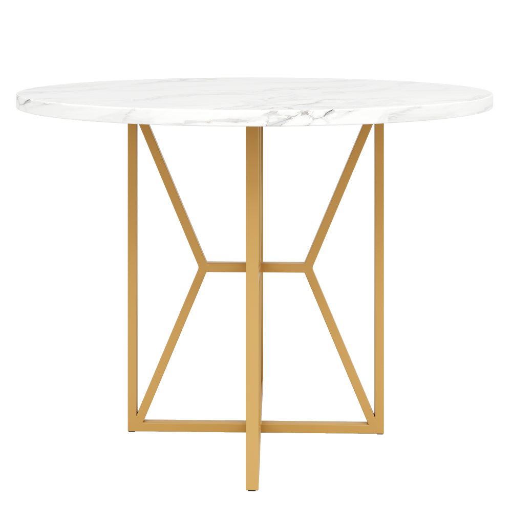 Ronde Eettafel – Tafeltje Rond – Ronde Tafel – Eetkamertafel Rond – Kleine Tafel – Luxe Marmerlook MDF Blad – Gouden Metalen Poot – 80x80x76 cm – Geschikt voor 4-6 Personen