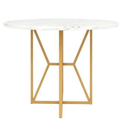 Ronde Eettafel – Tafeltje Rond – Ronde Tafel – Eetkamertafel Rond – Kleine Tafel – Luxe Marmerlook MDF Blad – Gouden Metalen Poot – 80x80x76 cm – Geschikt voor 4-6 Personen