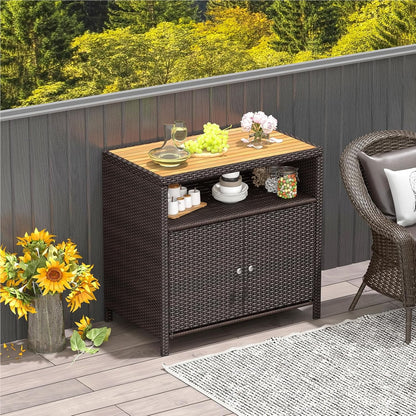 Tuinkast Rattan Opbergkast Bergkast Buitenopberger Terraskast – Bruin – Acaciahouten Werkblad – Verstelbare Voetjes – 90x53x86 cm