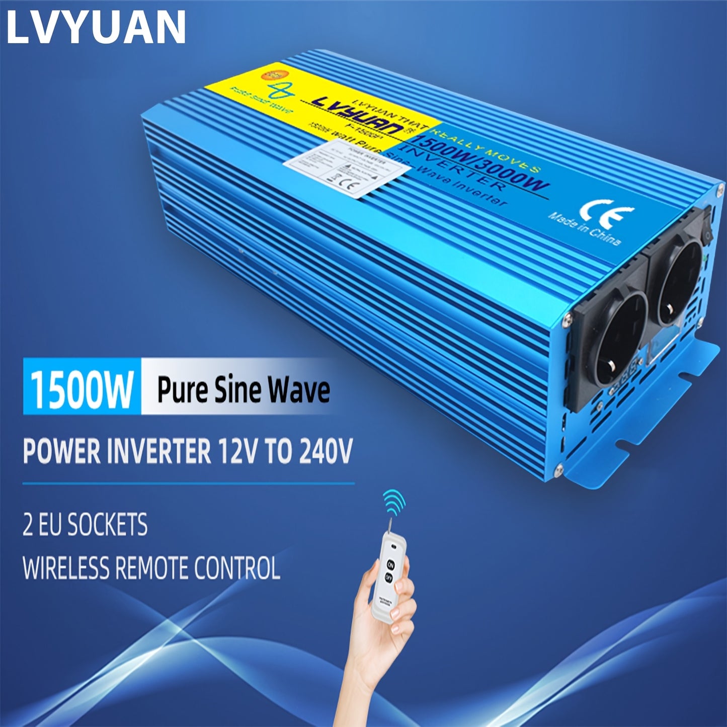 LVYUAN 1500W/3000W Pure Sine Wave Power Inverter 12V DC to 120V AC with 2 EU Sockets & Wireless Remote Control, LED Display, Overload Protection for Home Backup, RV, Solar, Camping, Boat, Emergency Power, Power Inverter for C