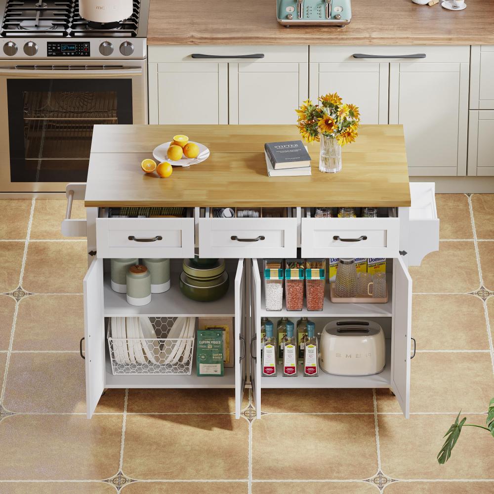 Side Cabinet | Kitchen Island Featuring a Collapsible Work Surface | Equipped with 5 Lockable Wheels | 4 Doors, 3 Drawers | Dual-Sided Towel Rack | Color: White | Measurements: 140X43(70)X90.5 Cm