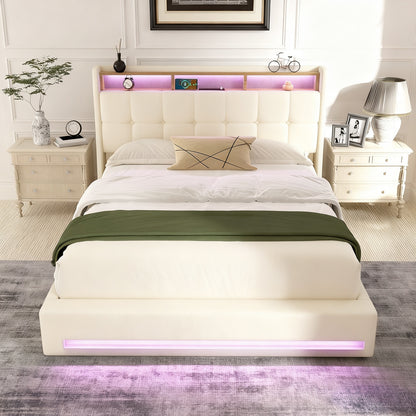 Upholstered Ottoman Bed with Hydraulic Lift & LED Storage Headboard | 140x200cm Double Bed Frame, Grey, Powered, Contemporary Style, Assembled - Oyajia