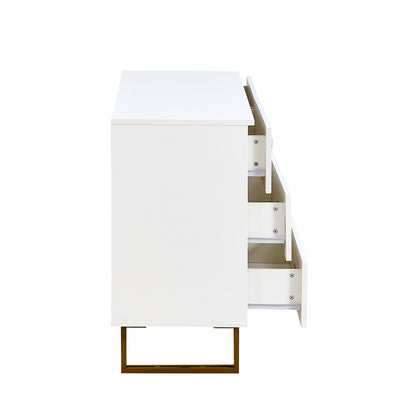 Sideboard – Dressoir – Commode – Opbergmeubel – Wandmeubel – Wit – 6 Lades – Gouden Handgrepen – Metalen Poten – Geribbelde Fronten – Spiegel 80x80 cm
