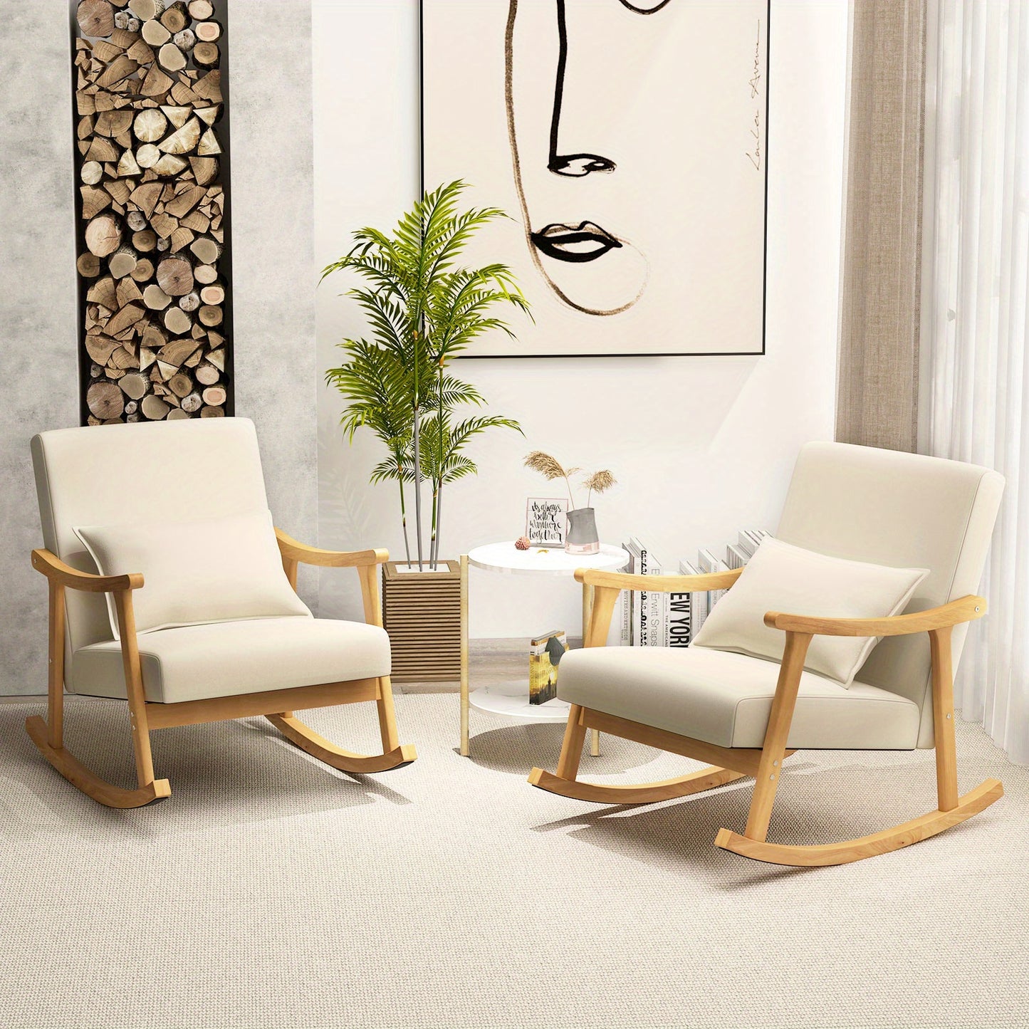 Schommelstoel – Rocking Chair – Schommelstoel met hoge rugleuning – Relaxstoel – Loungestoel – Beige variant – Stevig rubberhout frame – Zachte lendenkussen en ergonomisch ontwerp