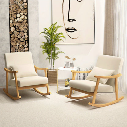 Schommelstoel – Rocking Chair – Schommelstoel met hoge rugleuning – Relaxstoel – Loungestoel – Beige variant – Stevig rubberhout frame – Zachte lendenkussen en ergonomisch ontwerp