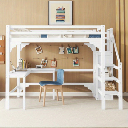 Hoogslaper – Halfhoogslaper – Stapelbed – Bedbank – Multifunctioneel Bed – 140x200 cm – Wit Metalen Frame – Met Bureau en Kledingrek – Ruimtebesparend Design