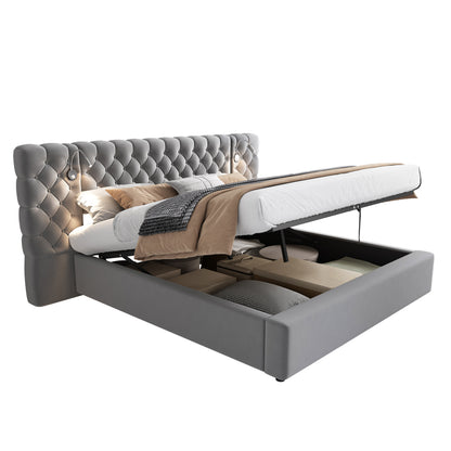 Bedkasten – Nachtkastje – Bijzettafel – Ladekast – Opbergkast – Tweepersoonsbed 160x200 cm – Hydraulisch Liftsysteem – Ruime Opbergruimte – Modern Grijs