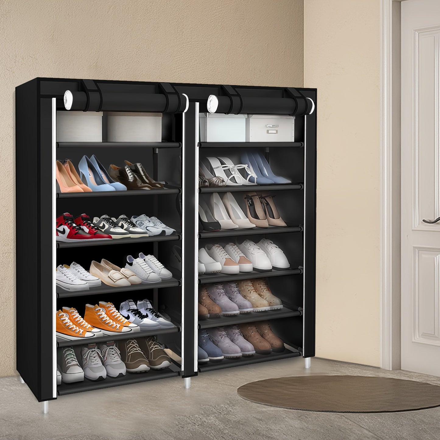 Black Non-woven Shoe Rack, Shoe Organizer for Closet And Entryway, 2 Rows 7 Tier for Storage Boxes And Boots, Extra Wide Shoe Organizer, Ventilated Storage Rack 120x30x110cm Space-saving Design | Easy Assembly