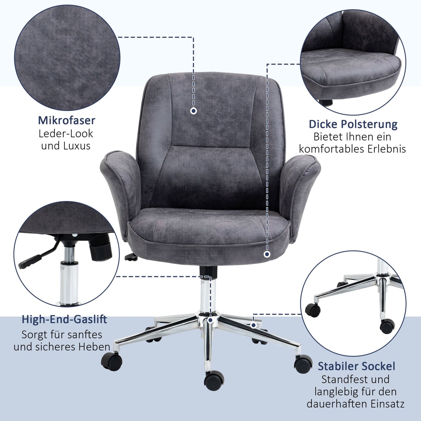 Bureaustoel – Office Chair – Draaistoel – Kantoorstoel – Bureau Stoel – Ergonomisch Design – Verstelbare Hoogte – Kantelfunctie – Microvezel – Maximaal 120 kg – Lichtgrijs – 67x69x92-102 cm