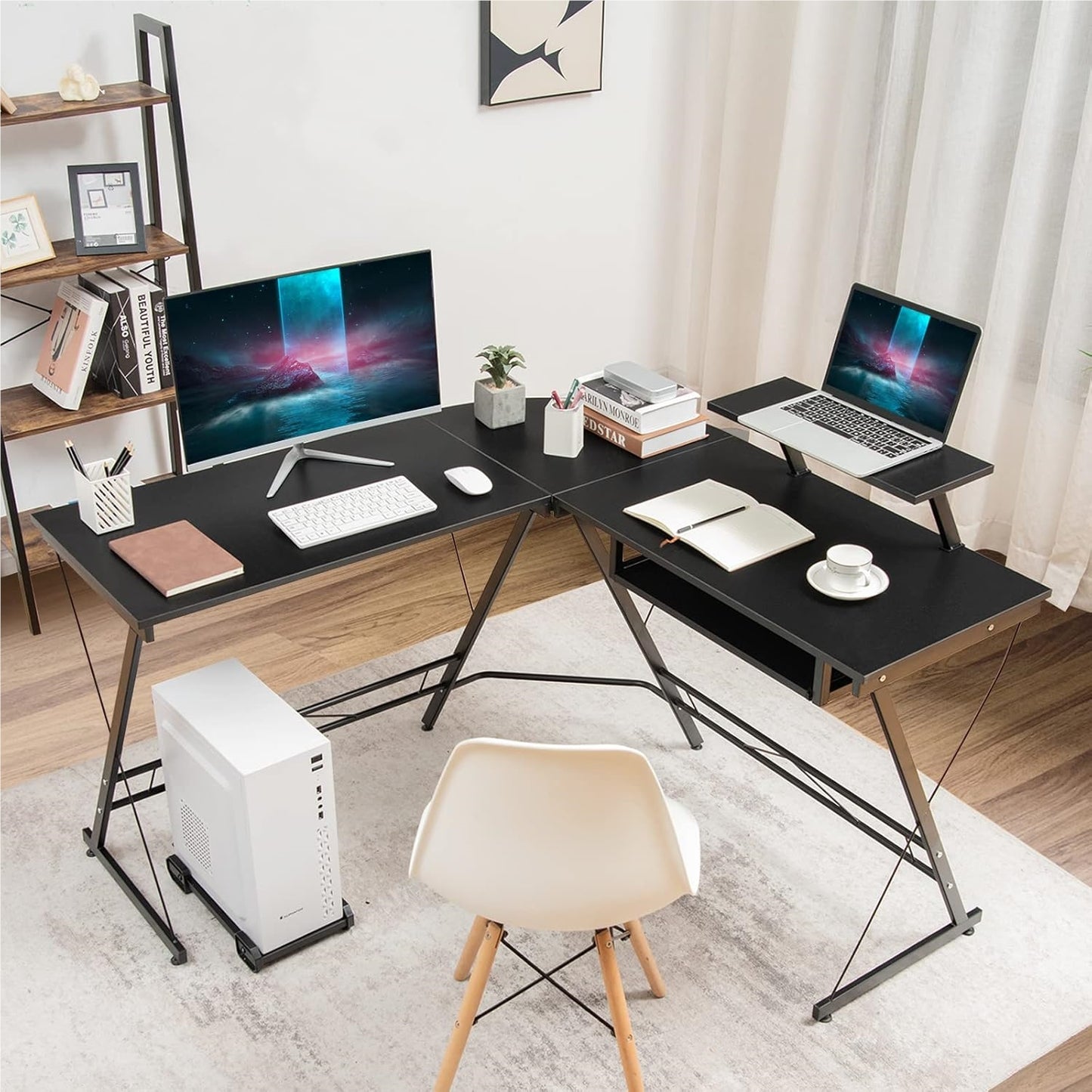 L-vormig Hoekbureau – Hoekdesk – Gamingbureau – Computerbureau – Werkplek Bureau – Verstelbare Monitorstandaard – Robuuste MDF & Stalen Constructie
