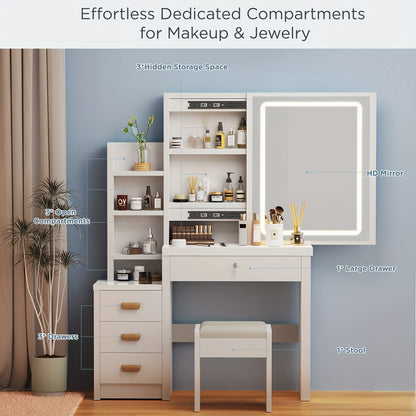 Kaptafel – Make-uptafel – Schminktisch – Toilettafel – Beautytafel – Met LED-verlichting – 4 Laden en Opbergruimte – Witte Afwerking – Inclusief Spiegel en Kruk