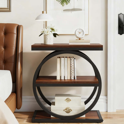 Wood Side Table with Black Metal Frames, Narrow End Table with 3 Storage Shelves, Industrial Small Sofa Side Table for Living Room, Slim Nightstand and Bedside Table for Reception Room, Christmas Holiday Decor, Versatile Acce