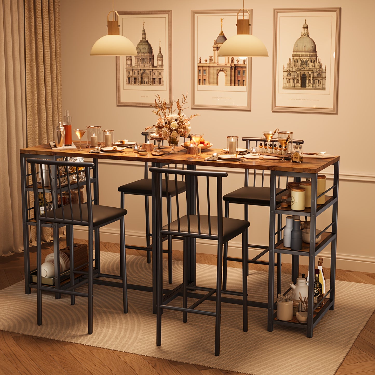 Eettafelset – Eethoek – Tafel met Stoelen – Meubelset – Diningset – Massief Hout & Kunstmatig Board – Klassiek Zwart-Grijs Design