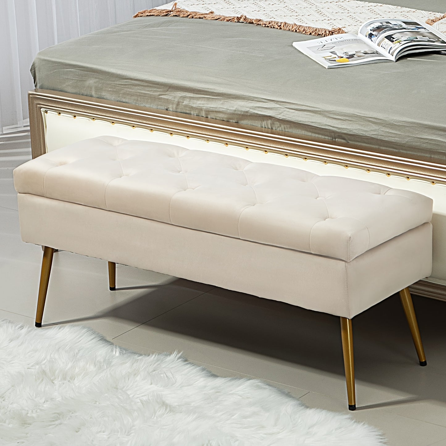 Opbergbank – Opbergbankje – Zitbank – Halbank – Opbergkist – Beige Velvet Bekleding – Met Metalen Frame 102x36x43 cm