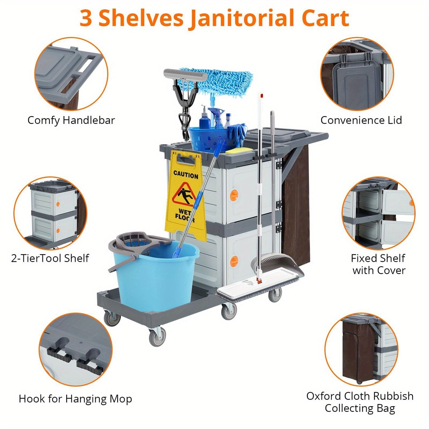Schoonmaakkar – Schoonmaaktrolley – Schoonmaakwagen – Poetskar – Poetswagen – 2 Kastjes & 3 Planken – Draagvermogen 136 kg – 6 Zwenkwielen – Duurzaam PP Materiaal – Afneembare Vinyl Tas – Ergonomisch Handvat