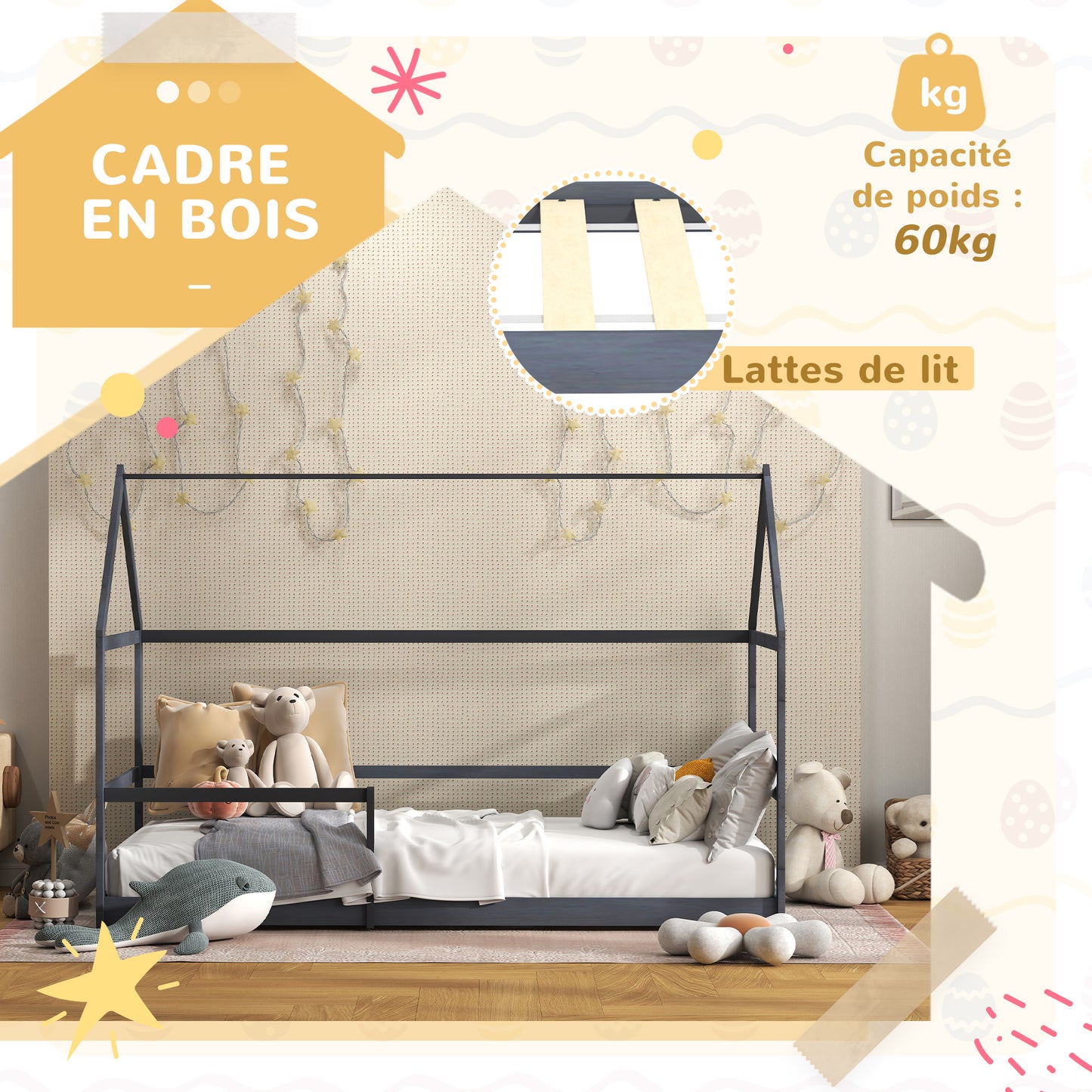 AIYAPLAY Children'S Cabin Bed 90X190 Cm Children'S Bed Children'S House in Wood with Anti-Fall Protection, Slatted Base And Roof Included, Dim. 196L X 97.5L X 135H Cm Grey