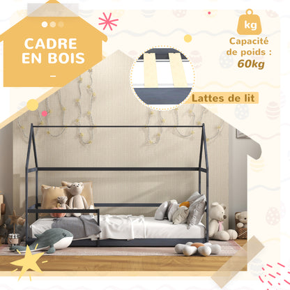 AIYAPLAY Children'S Cabin Bed 90X190 Cm Children'S Bed Children'S House in Wood with Anti-Fall Protection, Slatted Base And Roof Included, Dim. 196L X 97.5L X 135H Cm Grey