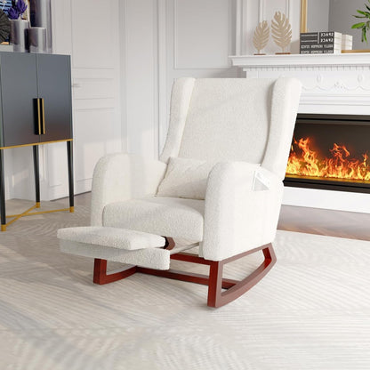 Schommelstoel – Relaxstoel – Schommelstoel Met Voetensteun – Lounge Stoel – Fauteuil – Linnen-Katoen Bekleding – Stevig Houten Frame – Compact 64x67x99 cm