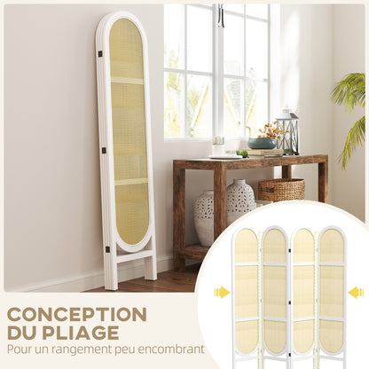 Kamerscherm – Room Divider – Scheidingswand – Vouwscherm – Privacy Scherm – Wit – 4 Panelen – Lichtgewicht Paulownia Hout & Kunstrotan
