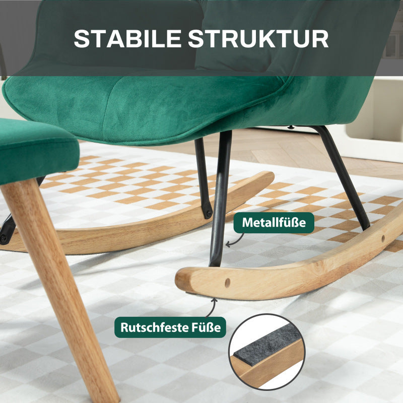 Schommelstoel – Relaxstoel – Schommelstoel Met Voetenbank – Lounge Stoel – Fauteuil – Groen – Fluwelen Bekleding – Houten Poten
