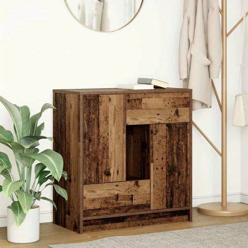 Modern Rustic Hardwood Sideboard with Drawers and Doors - Spacious Storage Organizer, 70.5x34x74.5cm, Distressed Wood Finish, Open Shelf Compartment, Perfect for Living Room or Dining Area