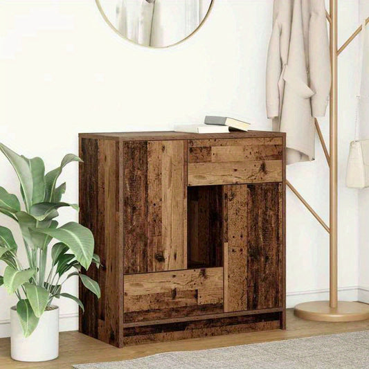 Modern Rustic Hardwood Sideboard with Drawers and Doors - Spacious Storage Organizer, 70.5x34x74.5cm, Distressed Wood Finish, Open Shelf Compartment, Perfect for Living Room or Dining Area