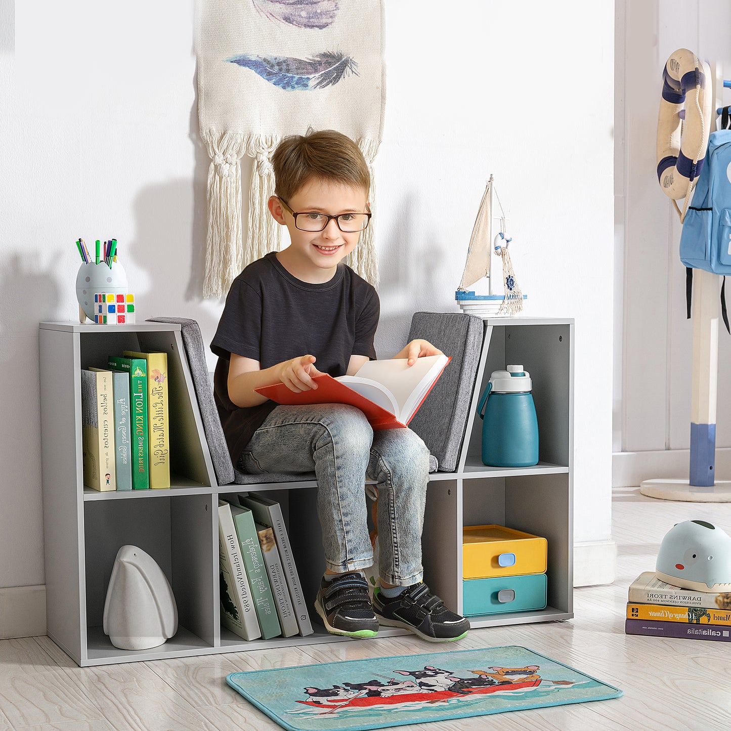 Kinderplank – Opbergrek – Zitbank – Opbergmeubel – Kinderzitje – 2-in-1 Kinderplank Grijs – Ruime Opbergruimte – Comfortabele Bekleding