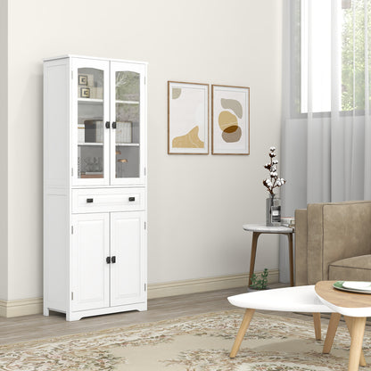 Buffetkast – Hoge Keukenkast – Opbergkast – Dressoir – Wandkast – Wit – MDF Hout – 160 cm Hoog – 2 Glasdeuren & Lade