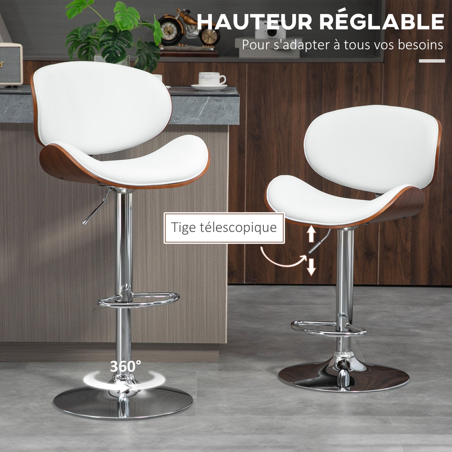 Barkrukken – Barstoelen – Keukenstoelen – Krukken – Barkruk Set Wit – Verstelbare Hoogte – Draaibare Zitting – Hardhouten Frame – Comfortabele Rugleuning