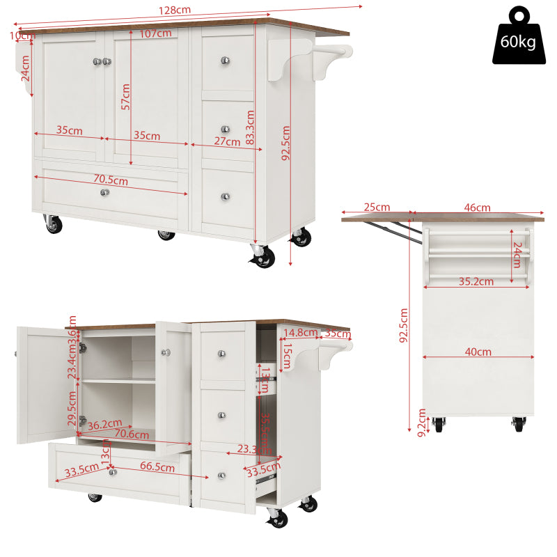 Keukentrolley – Serveerwagen – Keukenwagen – Werkblad Trolley – Opbergtrolley – Wit Met Houtnerf – Inklapbaar Werkblad Tot 71 cm – Verstelbare Planken Met Kruidenrekje