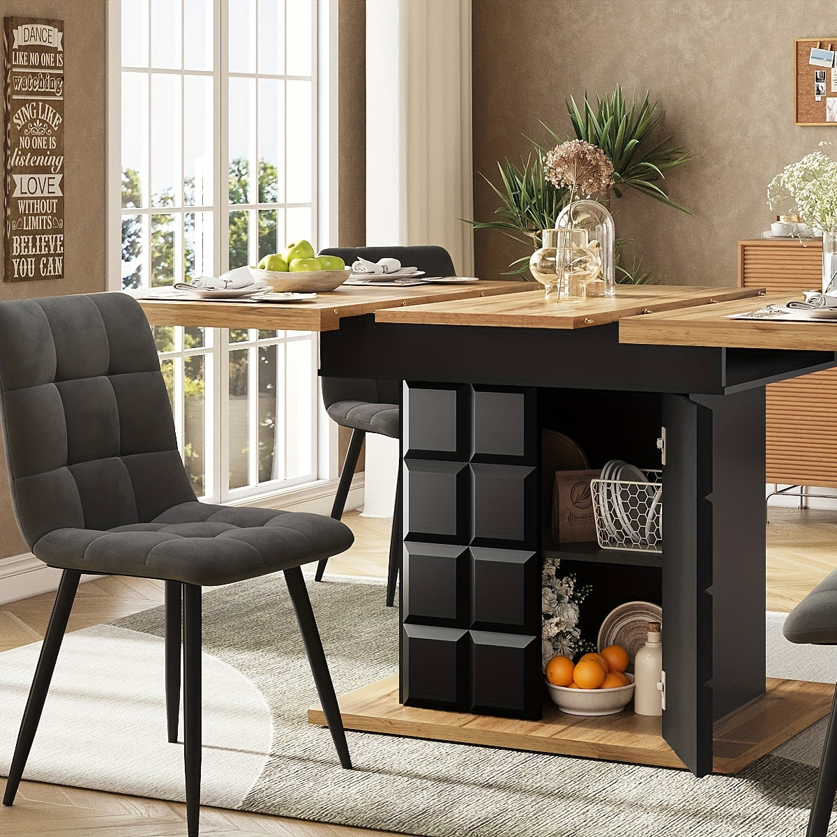 Bamboekast – Opbergkast – Boekenkast – Ladekast – Dichte Kast – Zwart Bamboe – Uitschuifbare Tafel – Ruime Opbergruimte – Vloerstaand – 68,5 cm Hoogte – 3,2+ Kubieke Voet Capaciteit