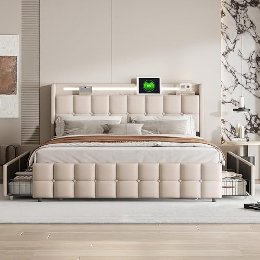 Bedframe – Gestoffeerd Bed – Tweepersoonsbed – Platformbed – Opbergbed – 160x200 cm – Linnen Bekleding – USB Oplaadstation – Verstelbare LED Verlichting