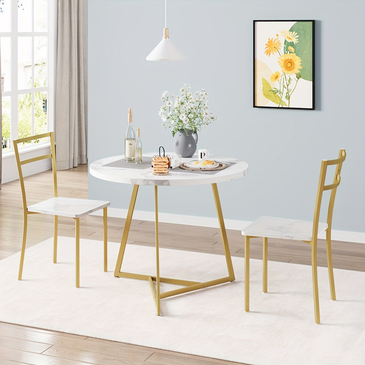 Eetkamertafel Set – Ronde Tafel – Bistro Set – Keukentafel – Dinette Set – Goudkleurig – Compact 2-Persoons – Gestoffeerde Stoelen – Stevig Stalen Frame