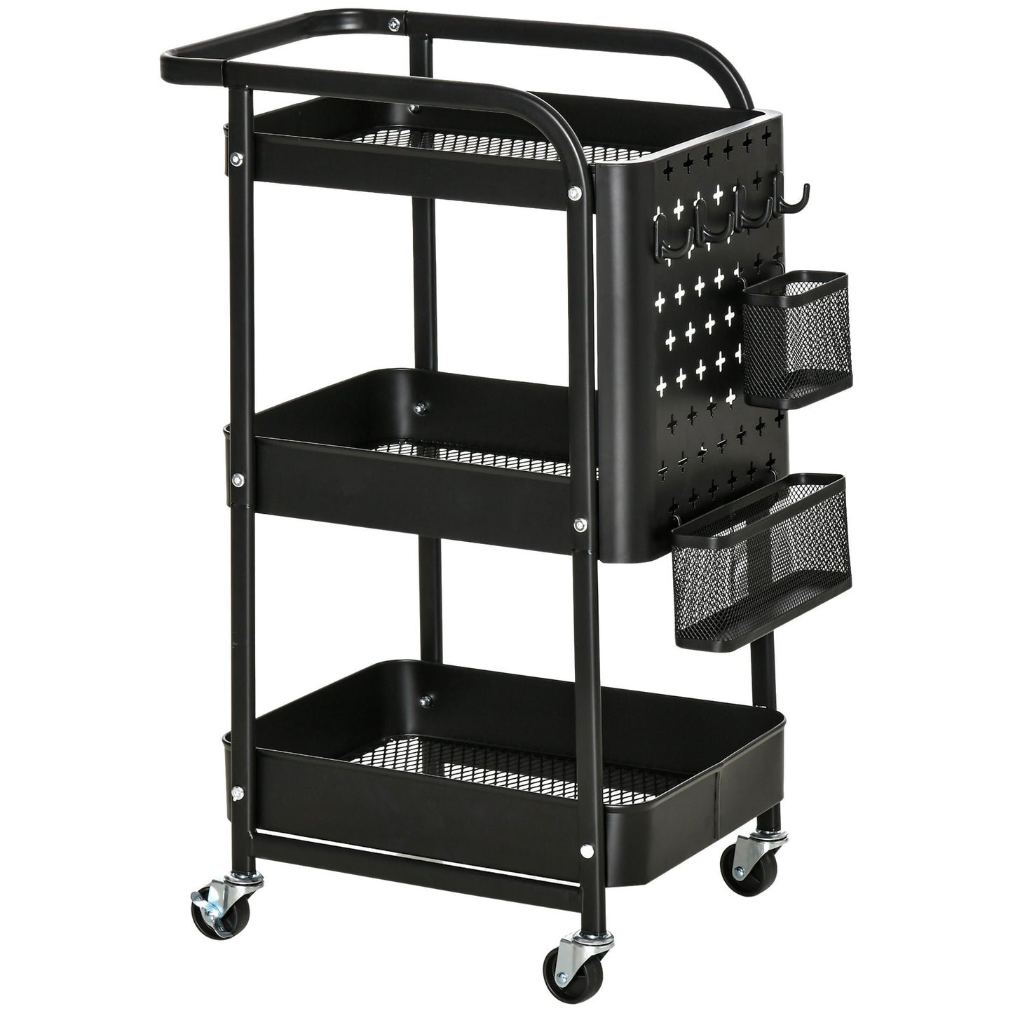 Keukentrolley – Keukenwagen – Serveerwagen – Opbergtrolley – Rolwagen – Met Handdoekhouder – 3 Ruime Mandjes – Stalen Frame Zwart