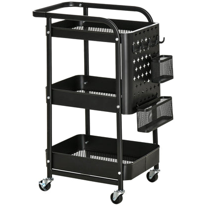 Keukentrolley – Keukenwagen – Serveerwagen – Opbergtrolley – Rolwagen – Met Handdoekhouder – 3 Ruime Mandjes – Stalen Frame Zwart